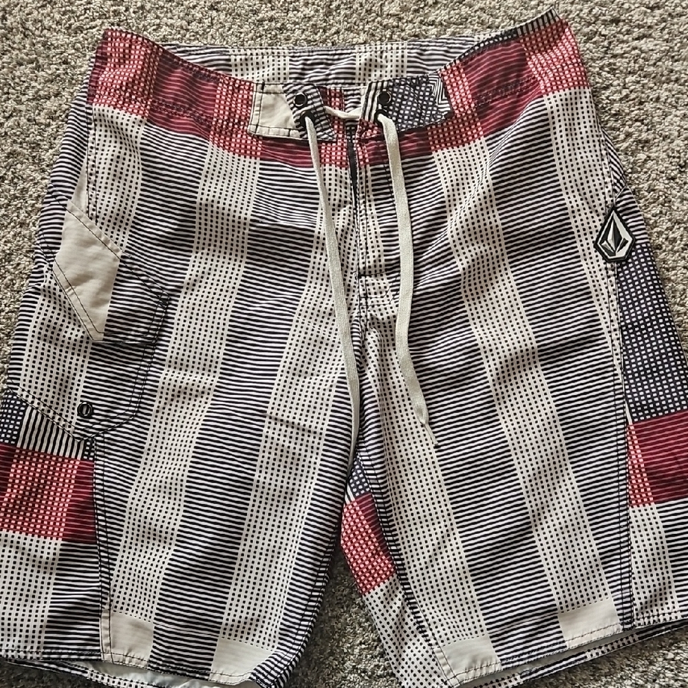 Volcom Men's Plaid Swim Shorts - Red and Black